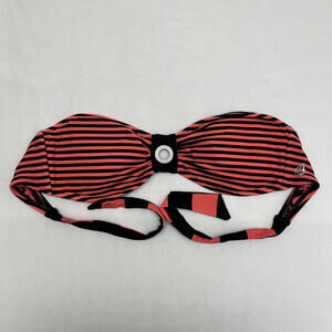 Y2K Scene Emo Volcom Coral Black Striped Bandeau Bikini Top W Metal Ring Sz S